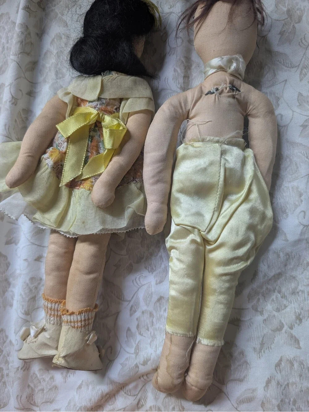 Vintage Handmade Cloth Dolls Pair with Fabric Clothing